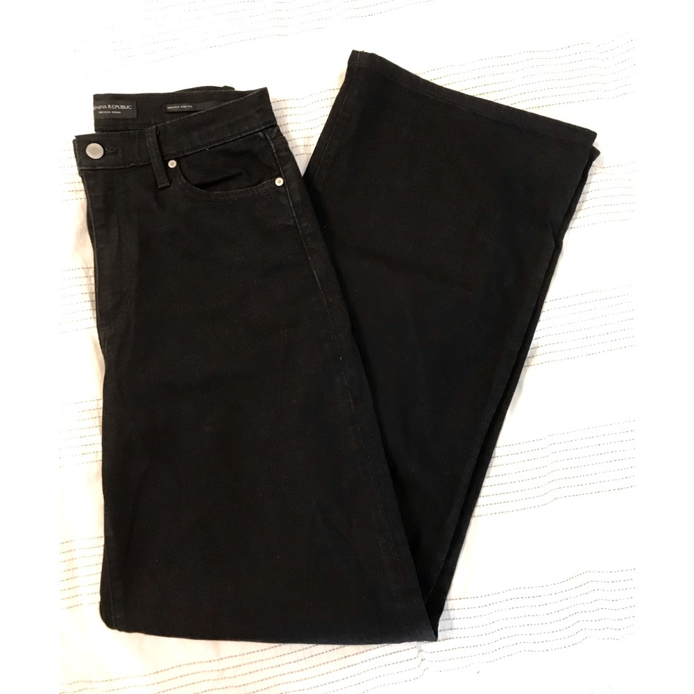 On trend Banana Republic high rise wide leg black denim jeans.